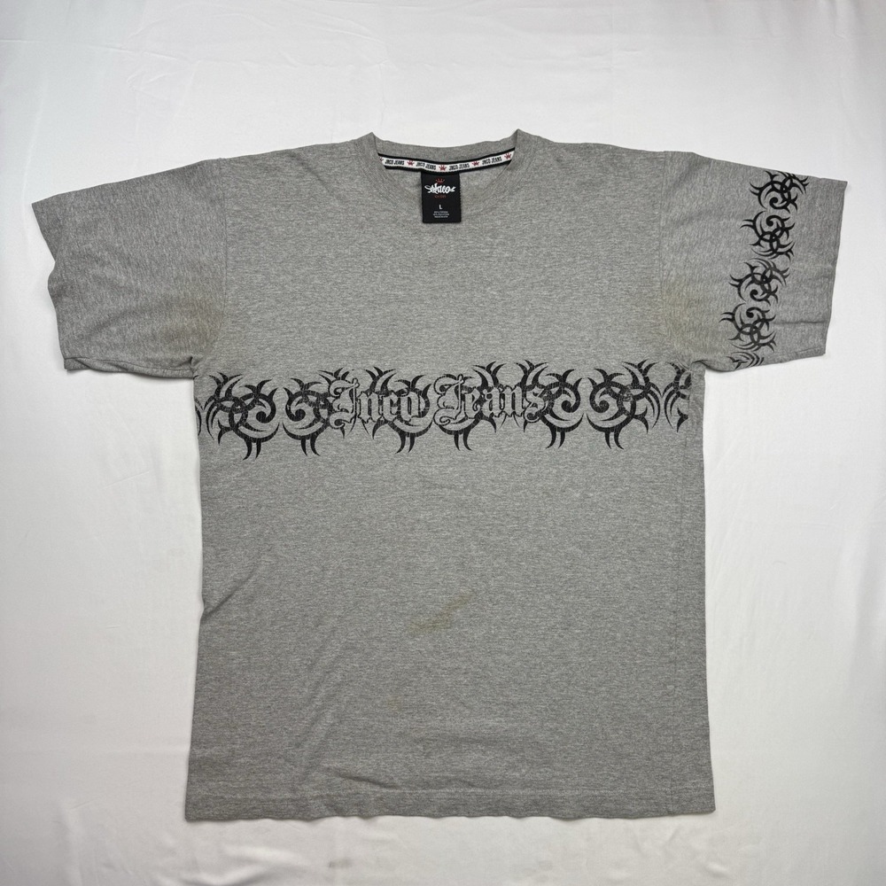 Vintage 90s Jnco Jeans Size Large Grey Tshirt w/ Design Grunge Fader and stains